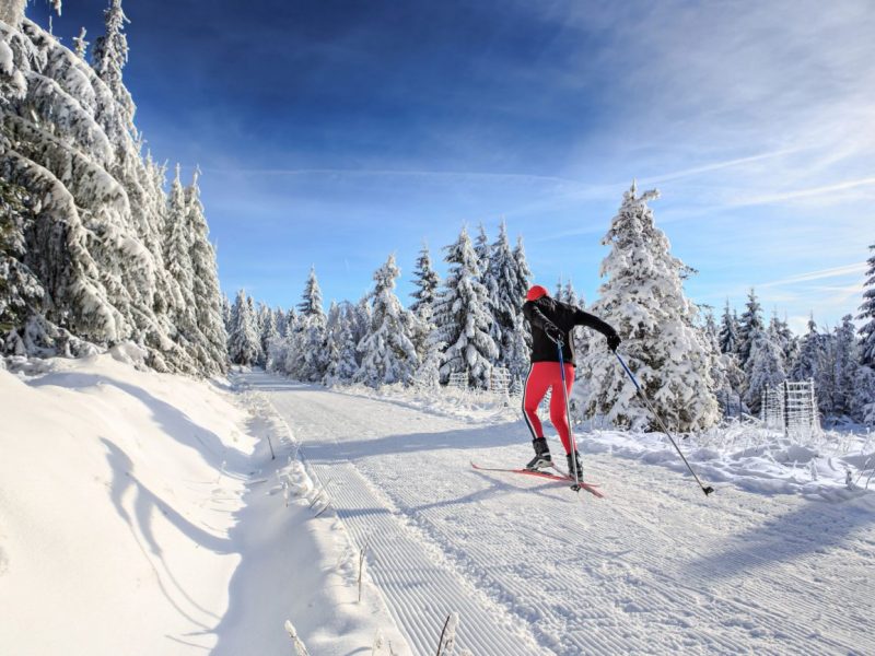 man skiing on cross country ski trail in bend oregon